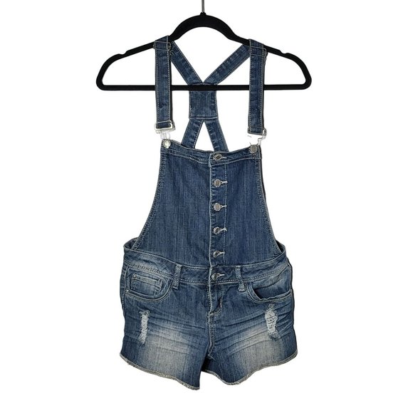 Almost Famous Juniors Denim Blue Jean Distressed Overalls Shorts Size 3 Summer - Picture 1 of 15